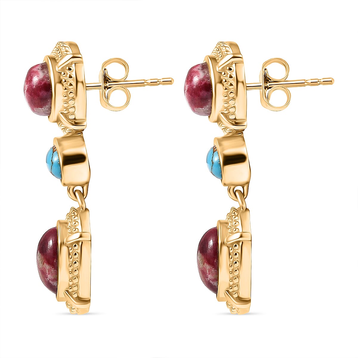 EverTrue Natural Thulite &amp; Blue Turquoise Solitaire Stud Push Post Earring in Yellow Gold Plated 7.10 Ct. 8266098 4