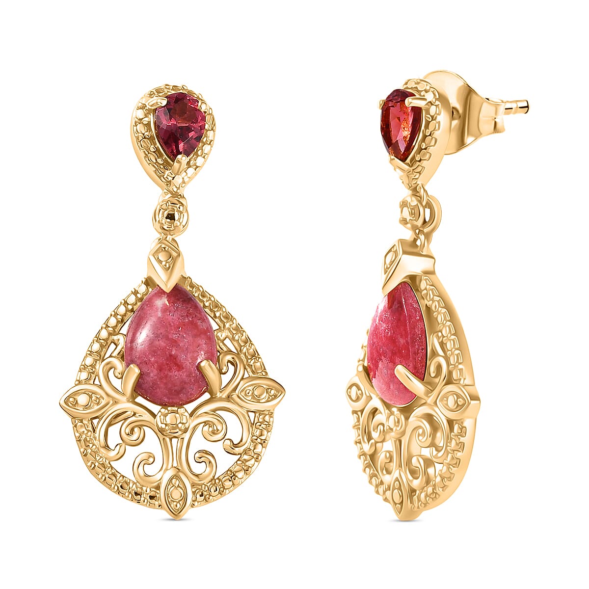 EverTrue Natural Thulite &amp; Orissa Rose Garnet Earring with Push Back in Yellow Gold Plated 5.83 Ct. 8266144 0