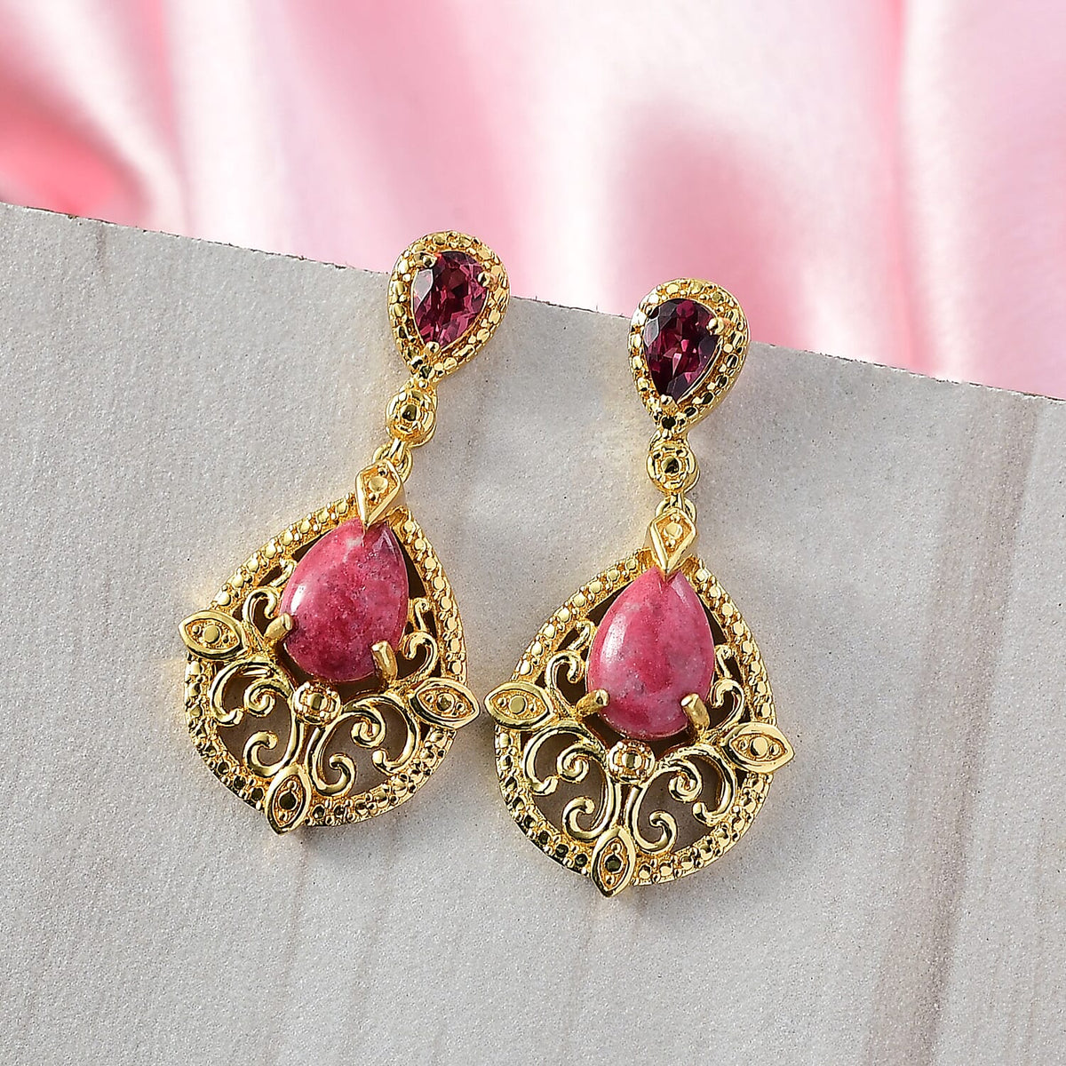 EverTrue Natural Thulite &amp; Orissa Rose Garnet Earring with Push Back in Yellow Gold Plated 5.83 Ct. 8266144 2