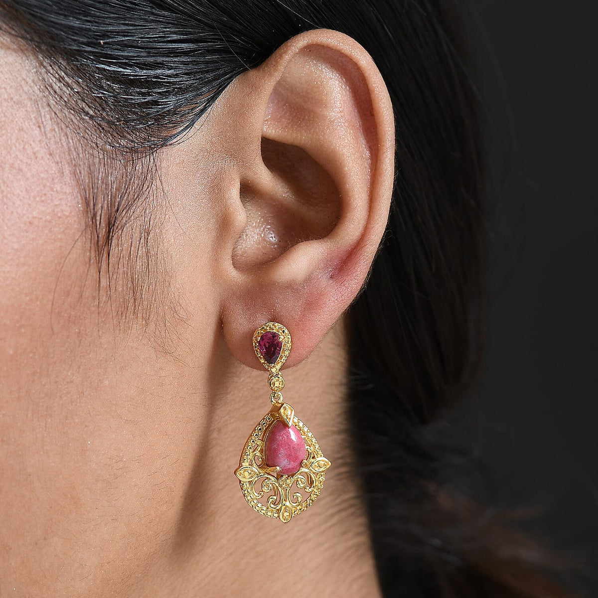 EverTrue Natural Thulite &amp; Orissa Rose Garnet Earring with Push Back in Yellow Gold Plated 5.83 Ct. 8266144 3