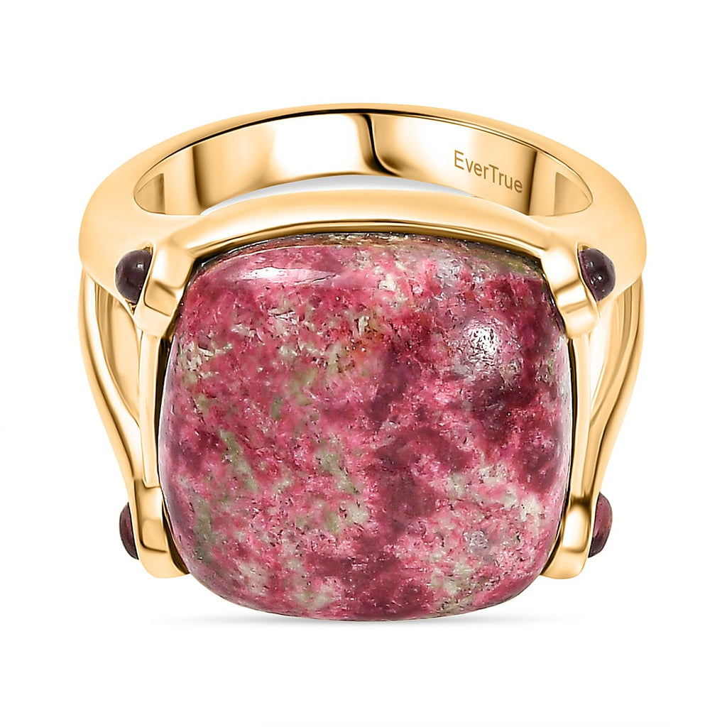 EverTrue Natural Thulite & Rhodolite Garnet Ring in Yellow Gold Plated 21.74 Ct.