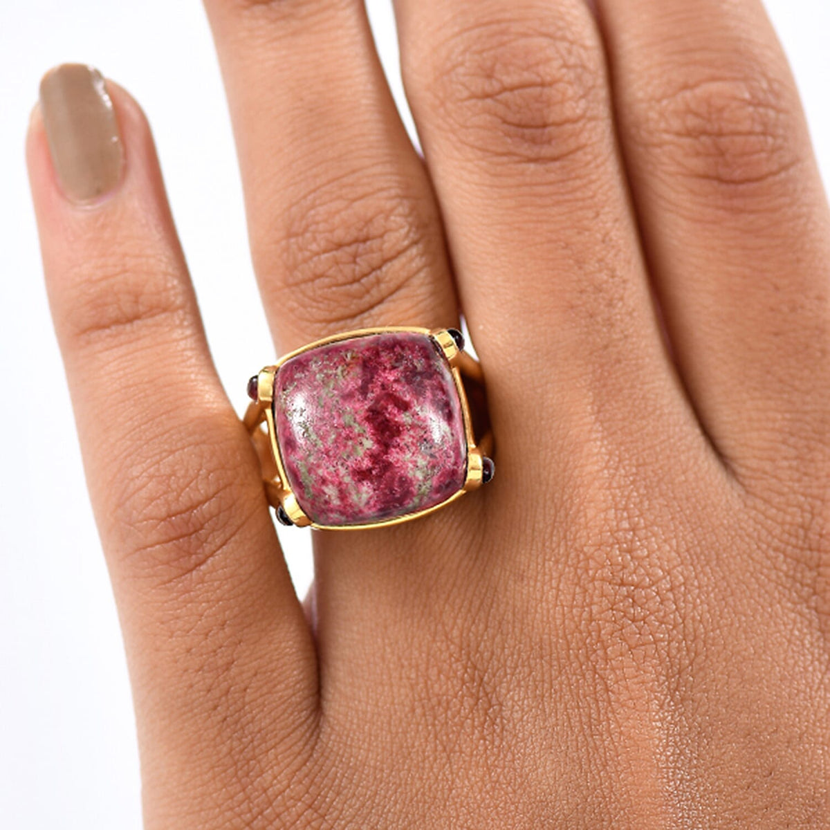 EverTrue Natural Thulite &amp; Rhodolite Garnet Ring in Yellow Gold Plated 21.74 Ct. 8265011 2