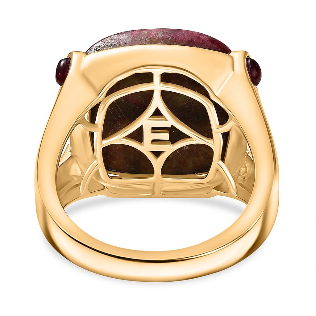 EverTrue Natural Thulite & Rhodolite Garnet Ring in Yellow Gold Plated 21.74 Ct.