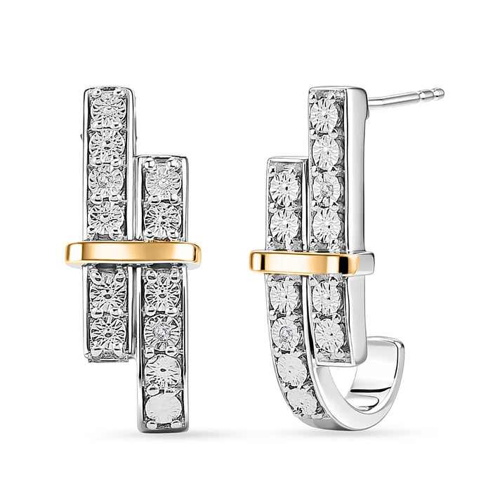 Natural White Diamond J Hoop Earrings with Push Back in Platinum &amp; Yellow Gold Plating 8528881 1