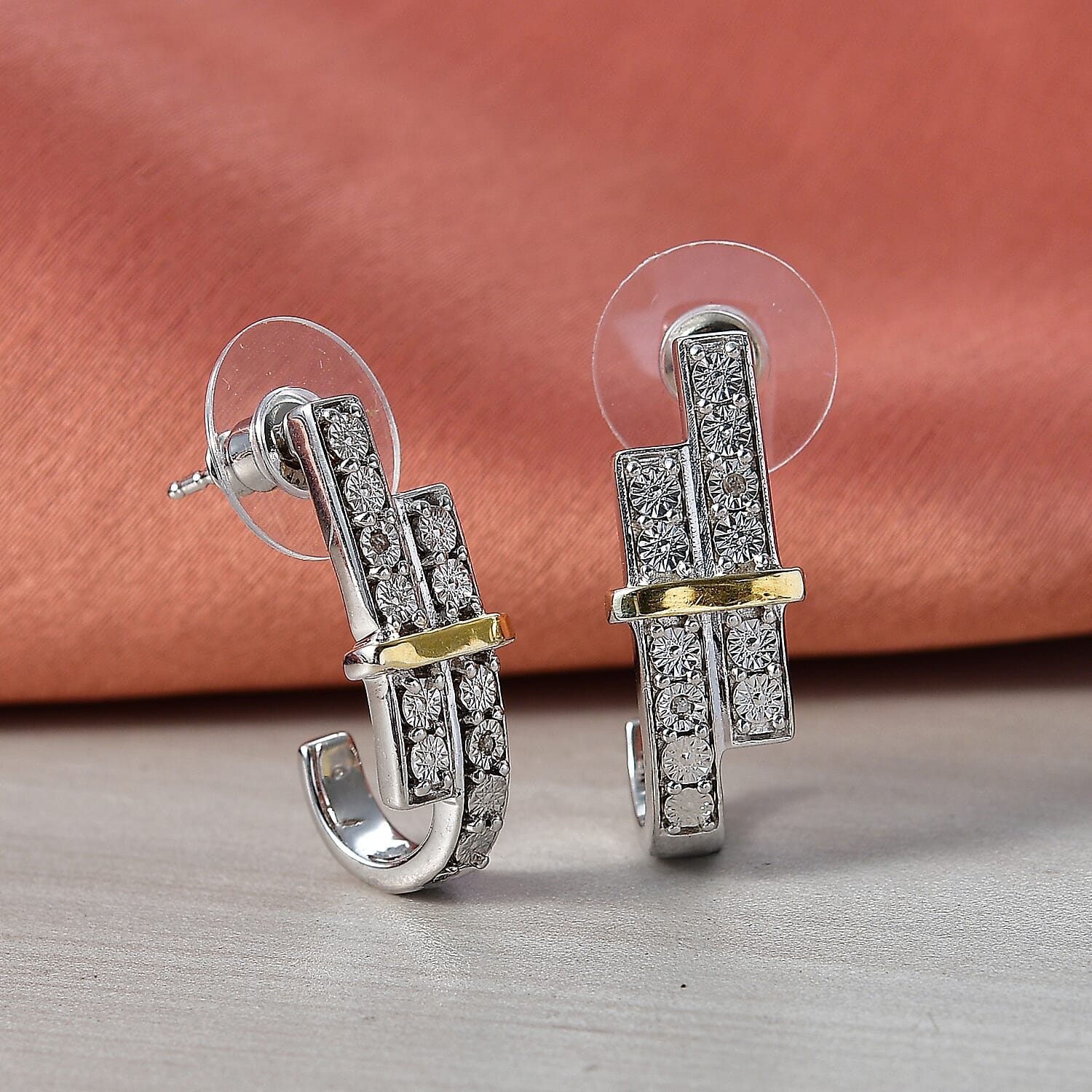 Natural White Diamond J Hoop Earrings with Push Back in Platinum &amp; Yellow Gold Plating 8528881 3