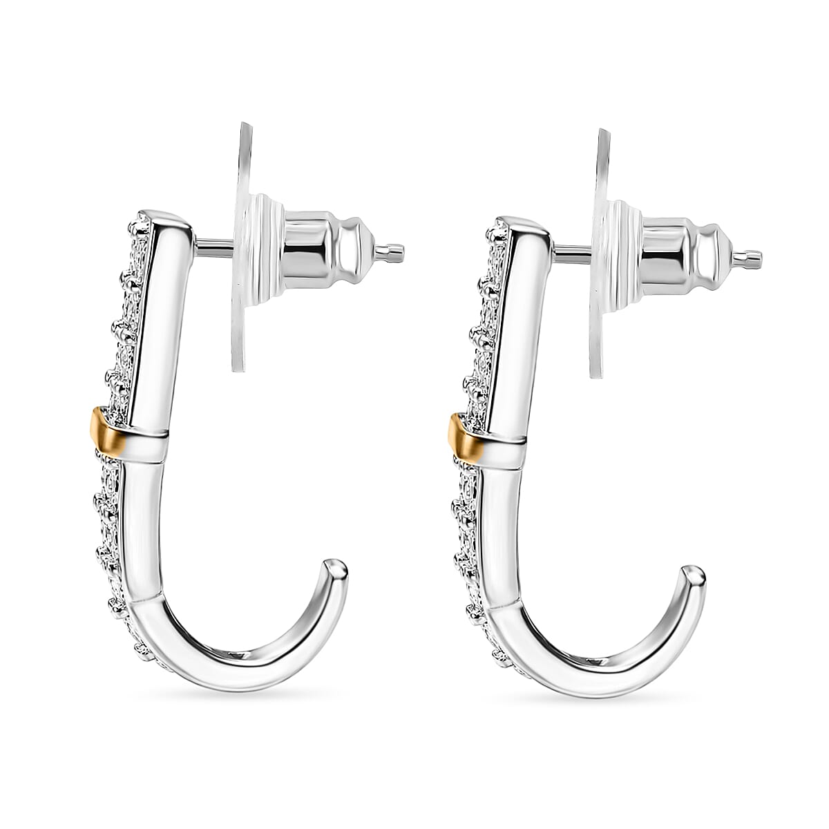 Natural White Diamond J Hoop Earrings with Push Back in Platinum &amp; Yellow Gold Plating 8528881 4
