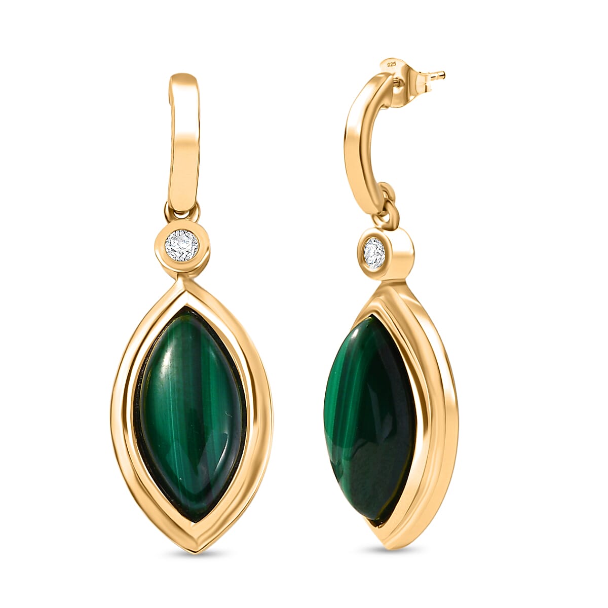EverTrue Malachite &amp; White Zircon Dangling Earring with Push Back in Yellow Gold Plated 9.59 Ct. 8245995 0