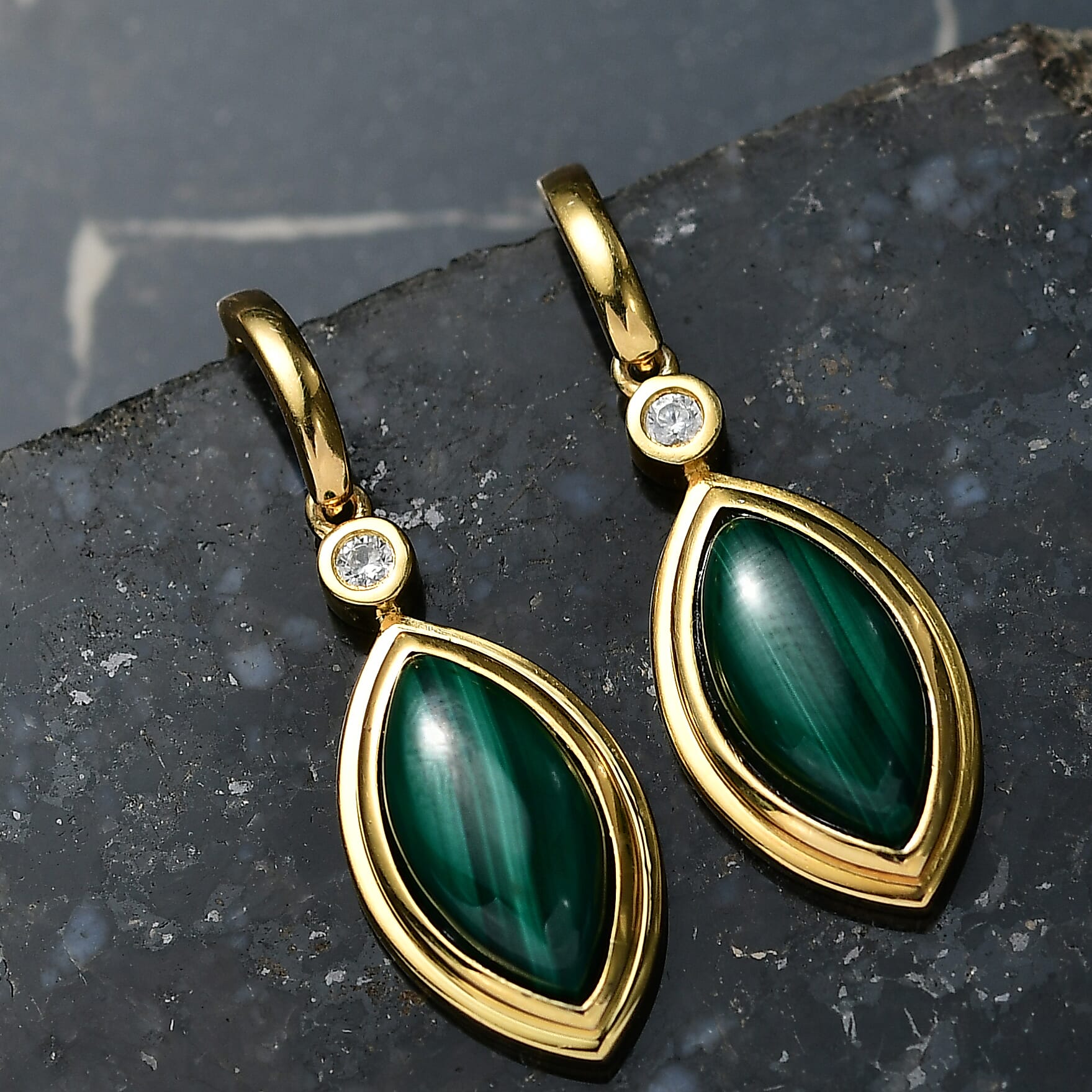EverTrue Malachite &amp; White Zircon Dangling Earring with Push Back in Yellow Gold Plated 9.59 Ct. 8245995 1