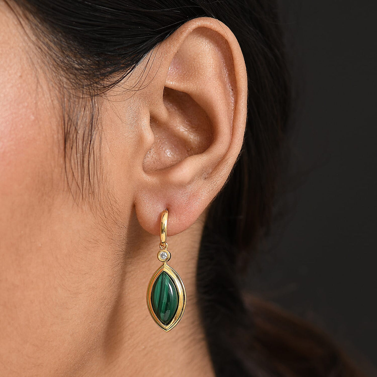 EverTrue Malachite &amp; White Zircon Dangling Earring with Push Back in Yellow Gold Plated 9.59 Ct. 8245995 2