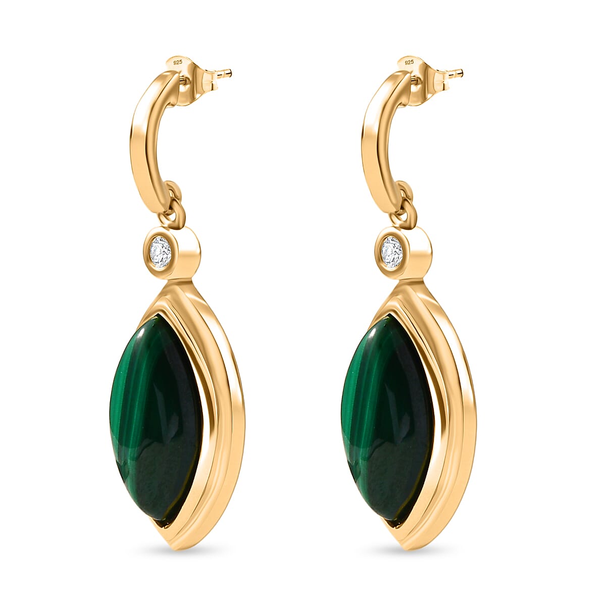 EverTrue Malachite &amp; White Zircon Dangling Earring with Push Back in Yellow Gold Plated 9.59 Ct. 8245995 3