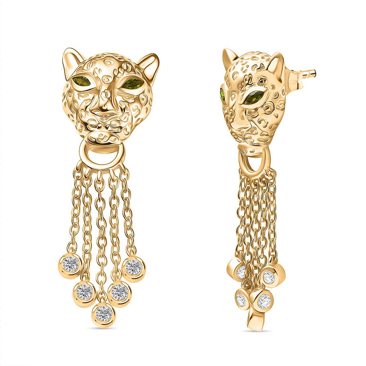 Designer Inspired - EverTrue - Natural Chrome Diopside &amp; White Zircon Panther Earring with Push Backs 1.30 Ct. 8236051 1