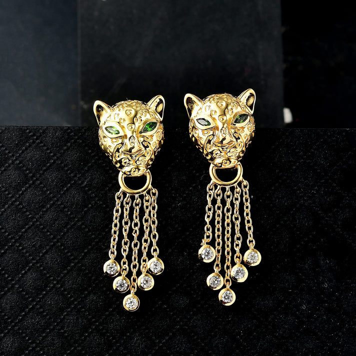 Designer Inspired - EverTrue - Natural Chrome Diopside &amp; White Zircon Panther Earring with Push Backs 1.30 Ct. 8236051 2
