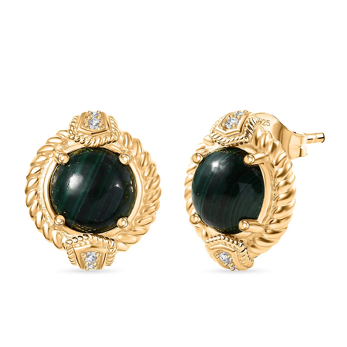 Malachite &amp; White Zircon Solitaire Stud Push Post Earring in Yellow Gold Plated 5.76 Ct. 8248071 0