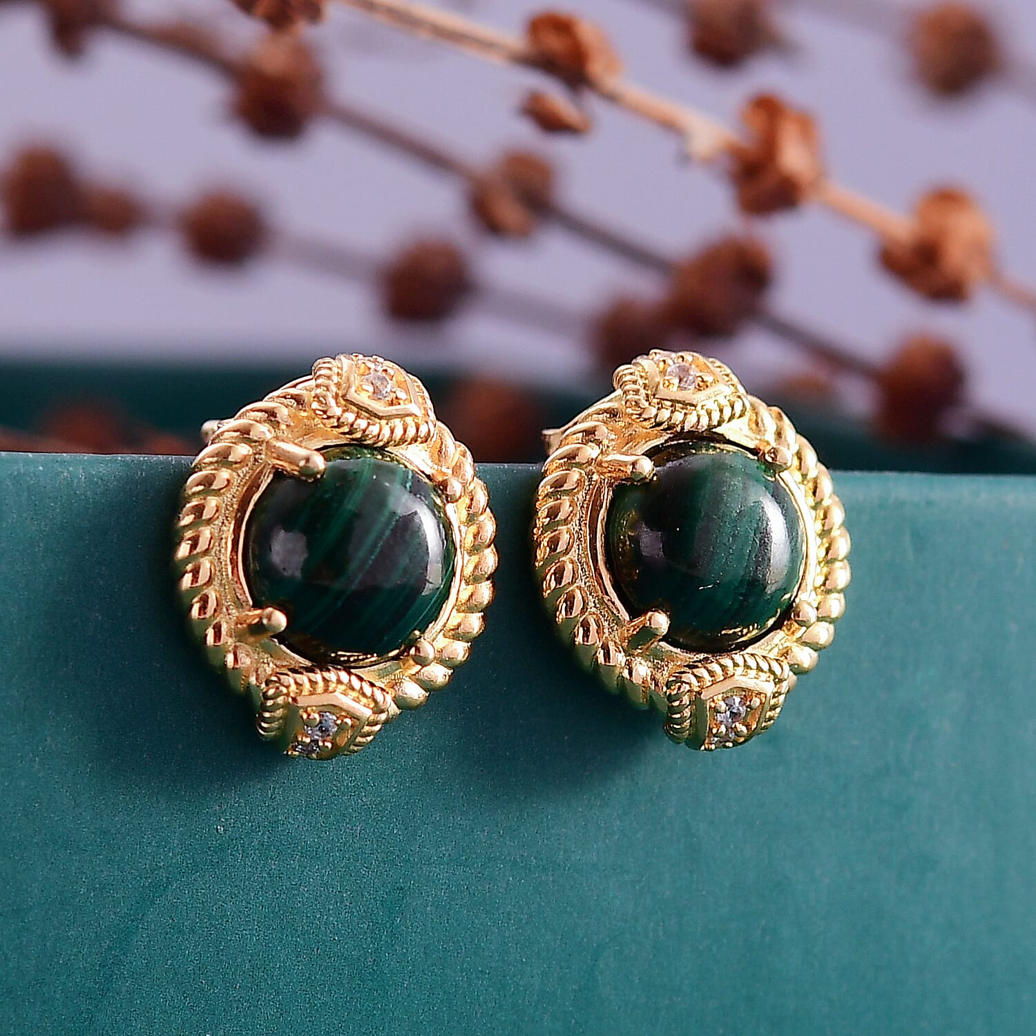 Malachite &amp; White Zircon Solitaire Stud Push Post Earring in Yellow Gold Plated 5.76 Ct. 8248071 2