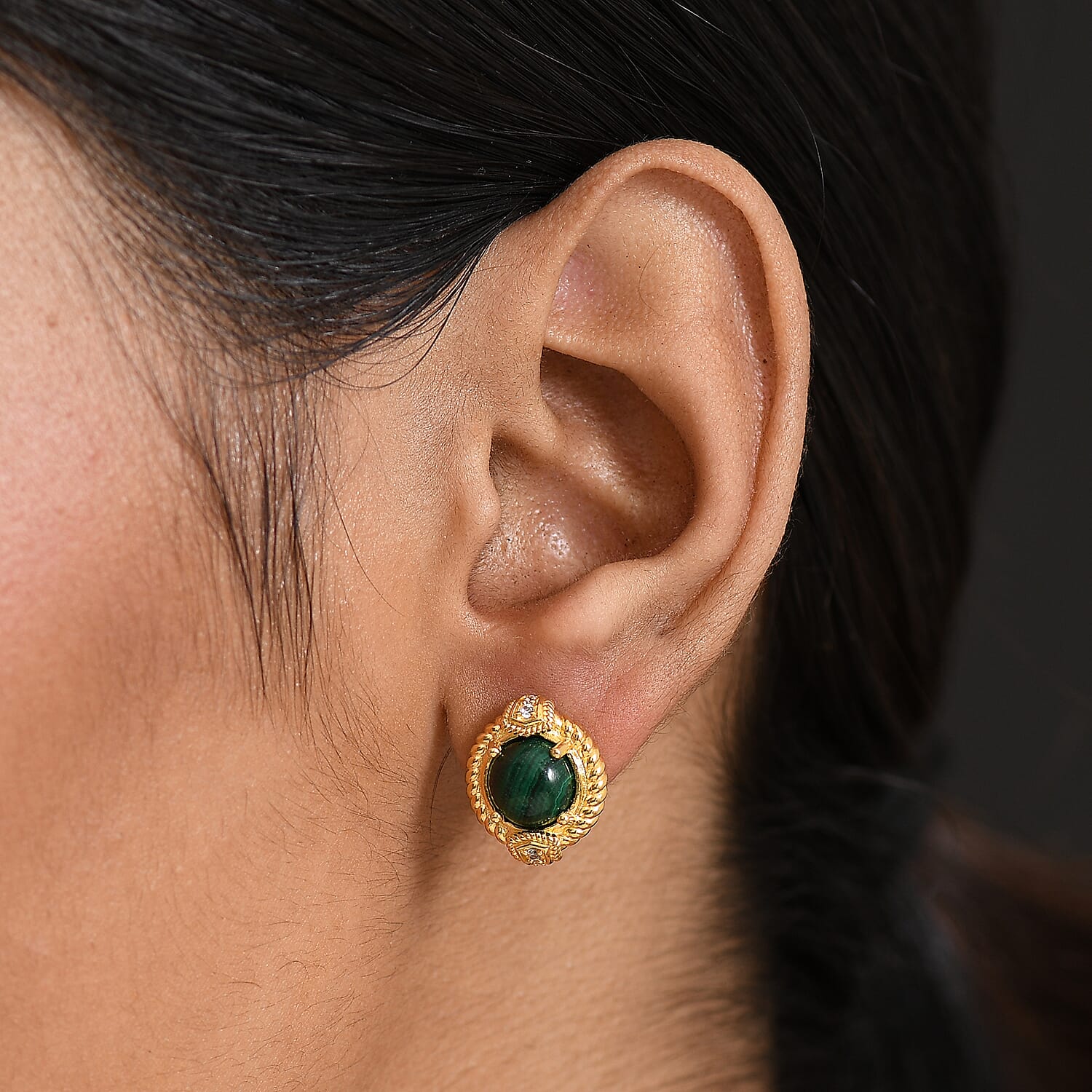 Malachite &amp; White Zircon Solitaire Stud Push Post Earring in Yellow Gold Plated 5.76 Ct. 8248071 3