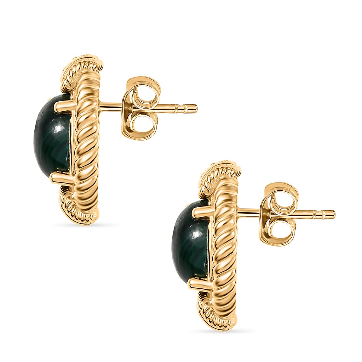 Malachite &amp; White Zircon Solitaire Stud Push Post Earring in Yellow Gold Plated 5.76 Ct. 8248071 4