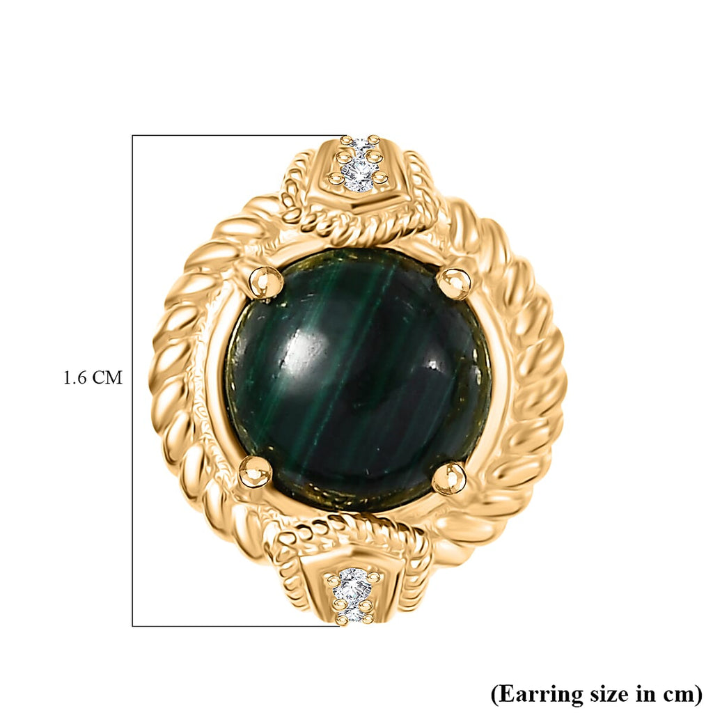 Malachite & White Zircon Solitaire Stud Push Post Earring in Yellow Gold Plated 5.76 Ct.