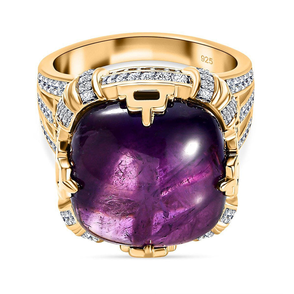 Exclusive Gems from India - Amethyst and Natural Zircon Crown Ring in 18K YG Vermeil Plated Sterling Silver 18.13 Ct, Silver Wt. 6.12 Gms