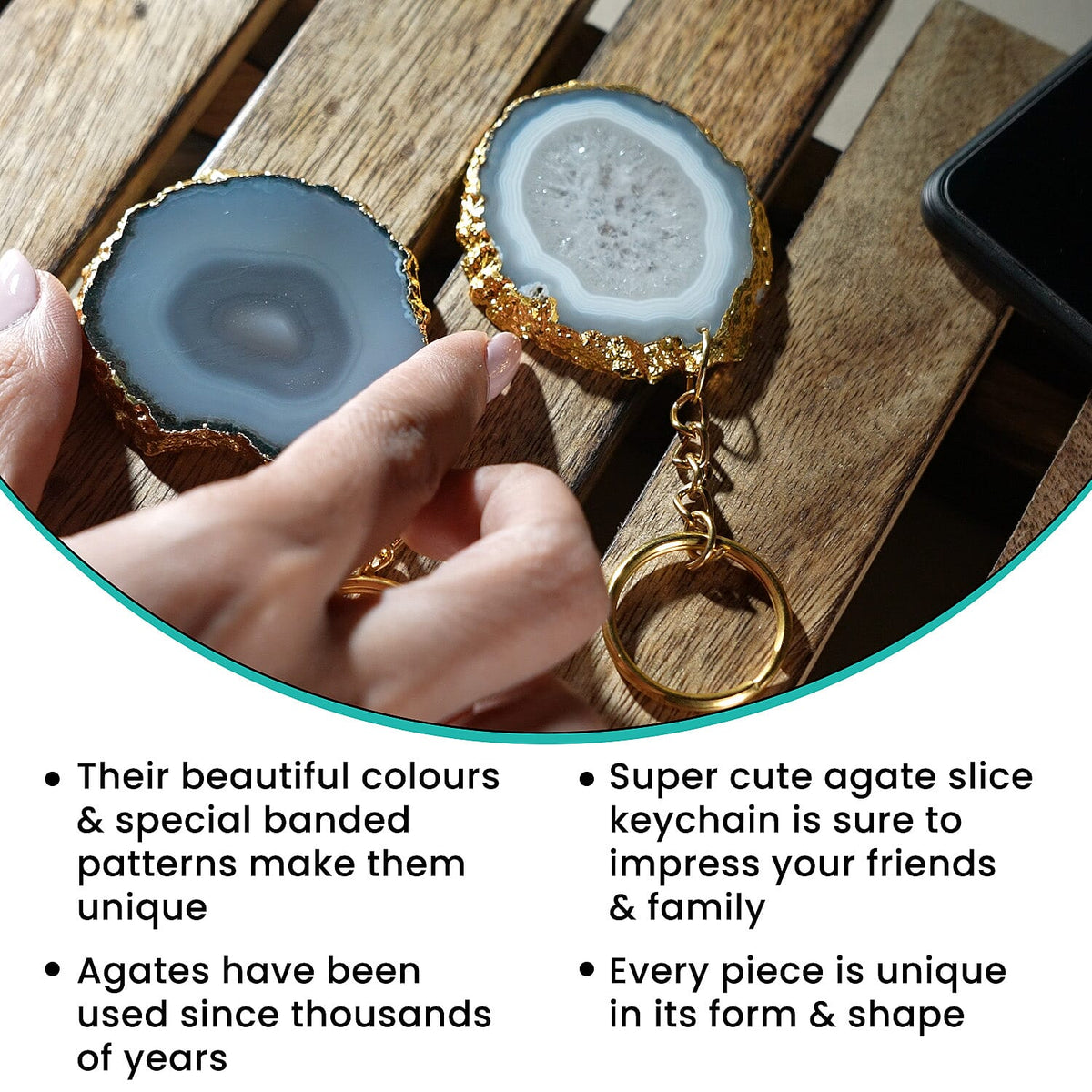 Set of 2 Eye-Catching Agate Keychains - Grey - White  in Yellow Gold Tone. 7187026 4