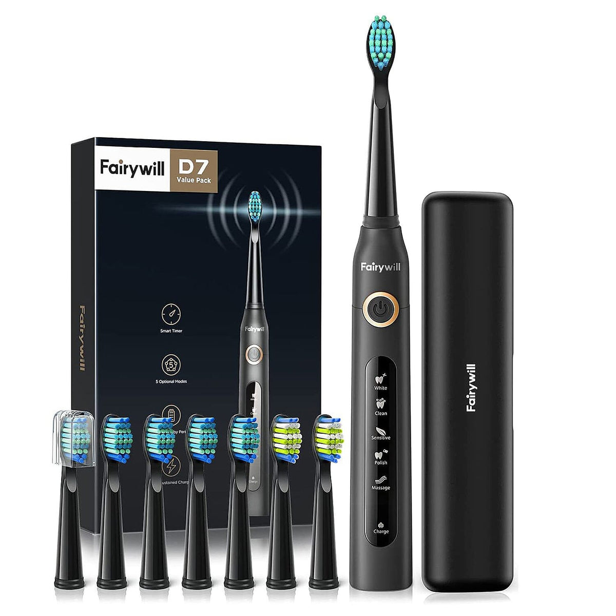 FairyWill: Teeth Cleaning Kit, 5 Working Modes Sonic Electric Toothbrush with 8 Replacement Heads - Black 3885076 0