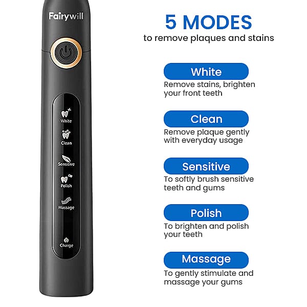 FairyWill: Teeth Cleaning Kit, 5 Working Modes Sonic Electric Toothbrush with 8 Replacement Heads - Black 3885076 1