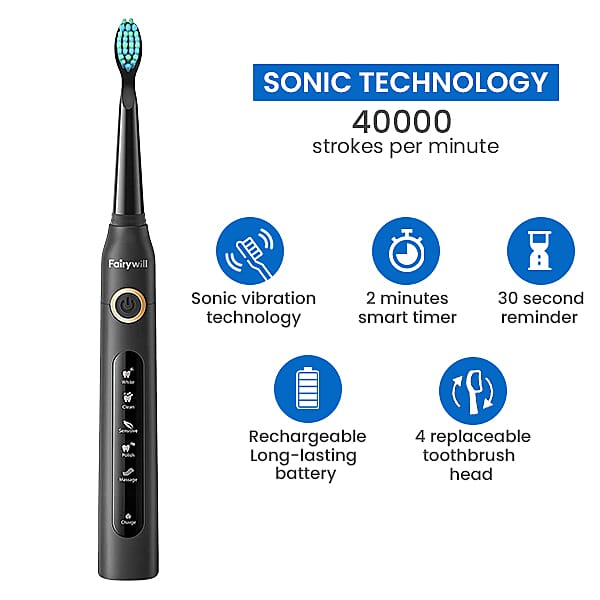 FairyWill: Teeth Cleaning Kit, 5 Working Modes Sonic Electric Toothbrush with 8 Replacement Heads - Black 3885076 2