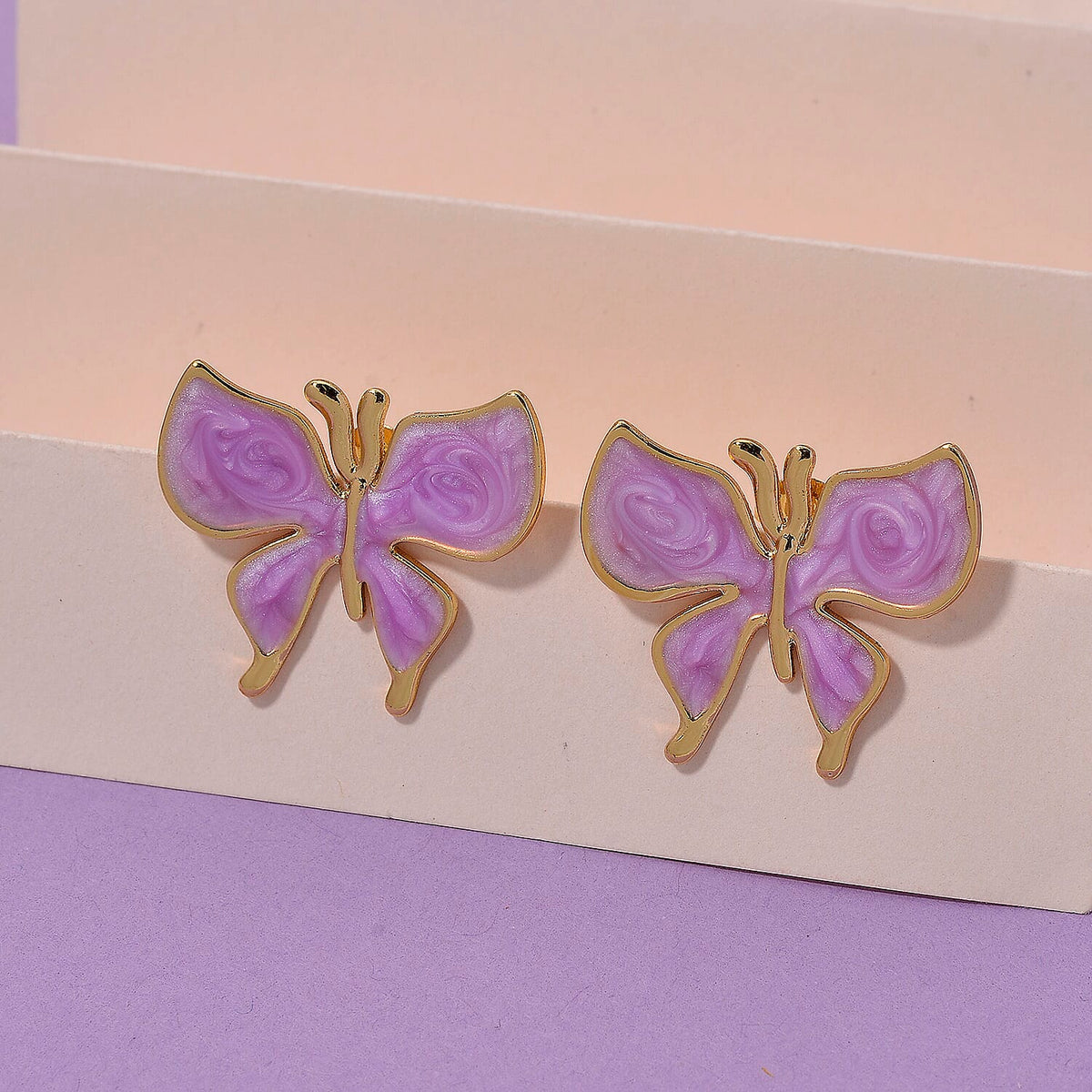 Enamelled Butterfly Earrings with Push Backs in Yellow Gold Plated 8251602 1