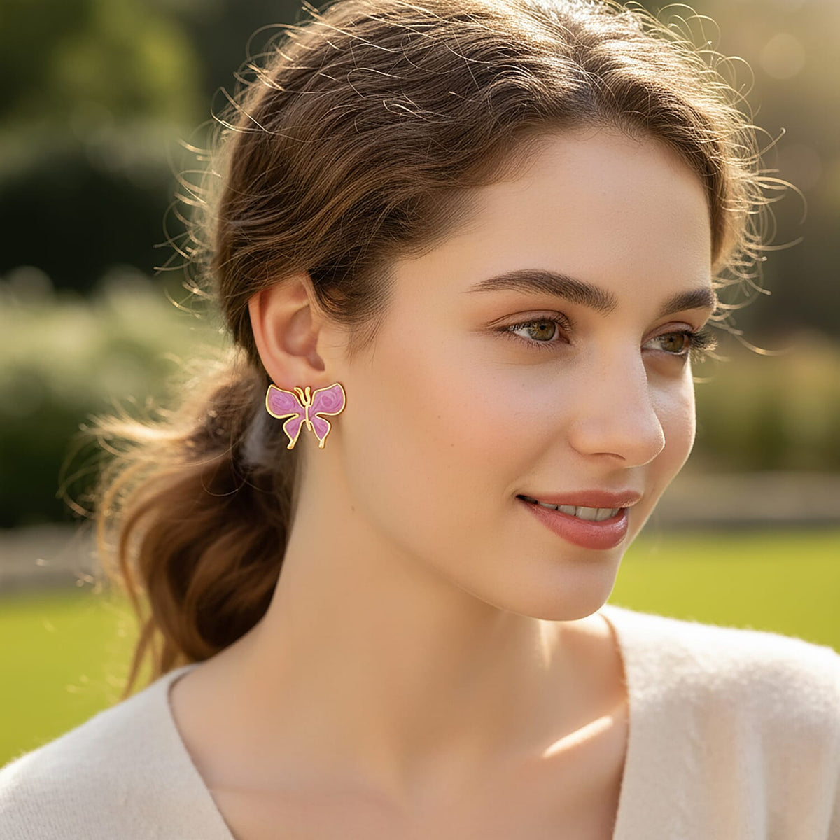 Enamelled Butterfly Earrings with Push Backs in Yellow Gold Plated 8251602 2