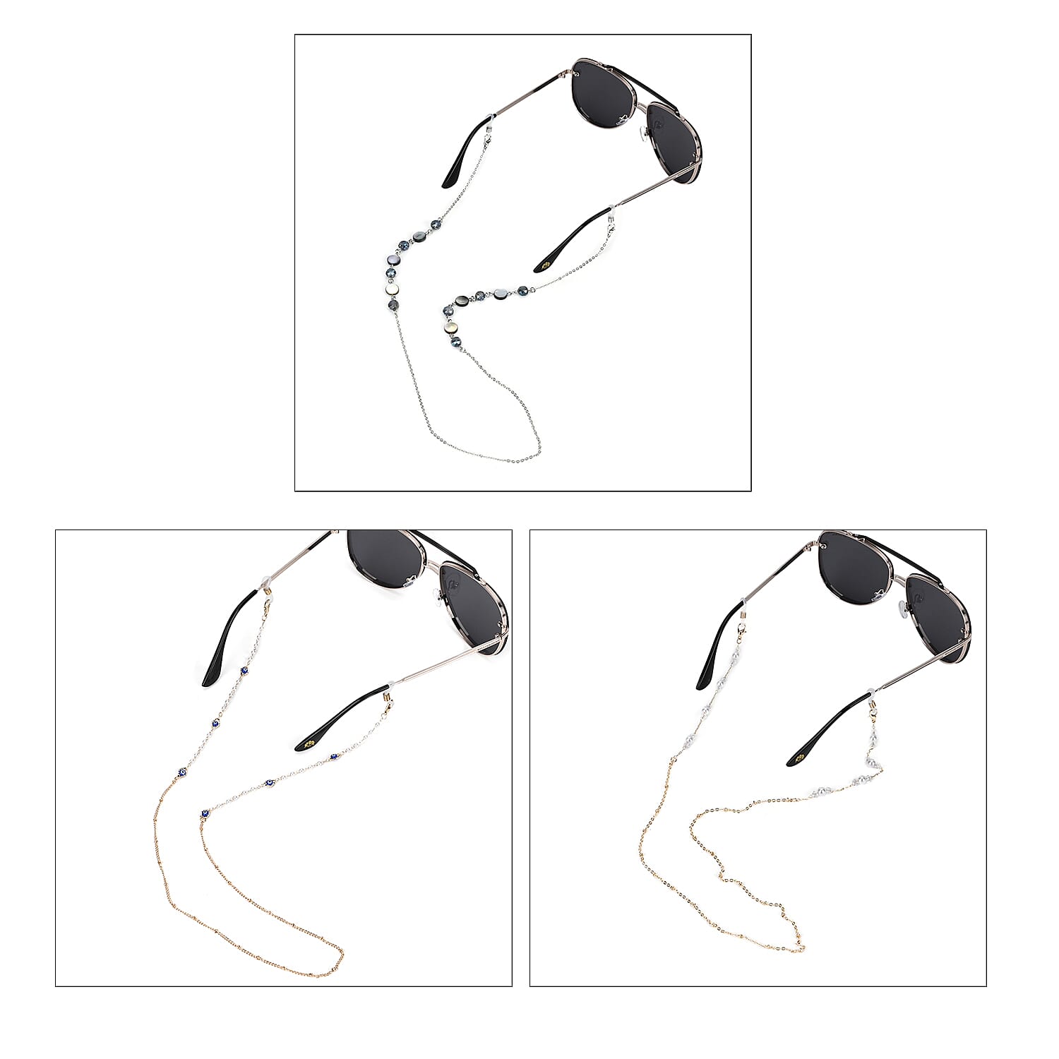 Set of 3 Crystal Beaded Eyeglass Chains with 20 Rubber Rings 7831996 7