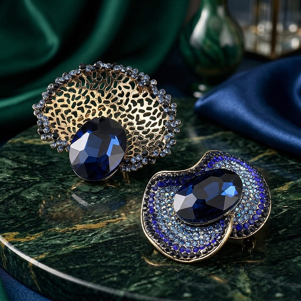 Set of 2 Vintage-Inspired Sparkling Stone Brooches - Blue 8414522 2