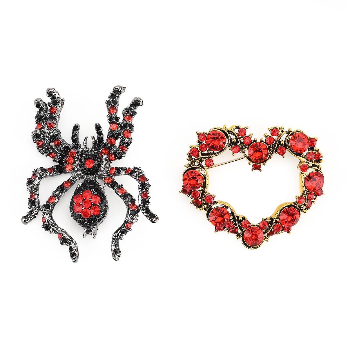 Set of 2 Austrian Crystal Spider &amp; Heart Wreath Brooches in Yellow Gold Tone - Red 8228512 0
