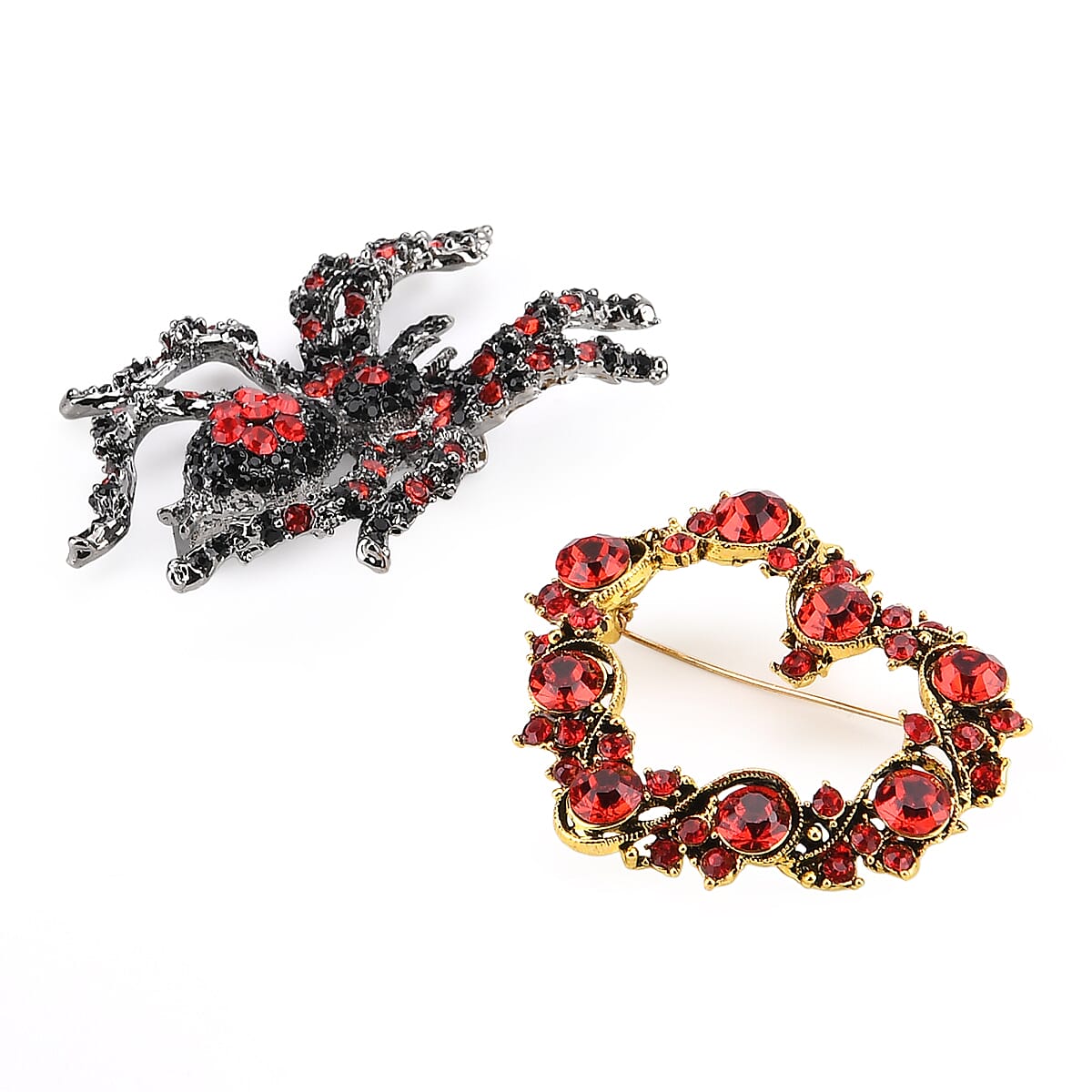 Set of 2 Austrian Crystal Spider &amp; Heart Wreath Brooches in Yellow Gold Tone - Red 8228512 3