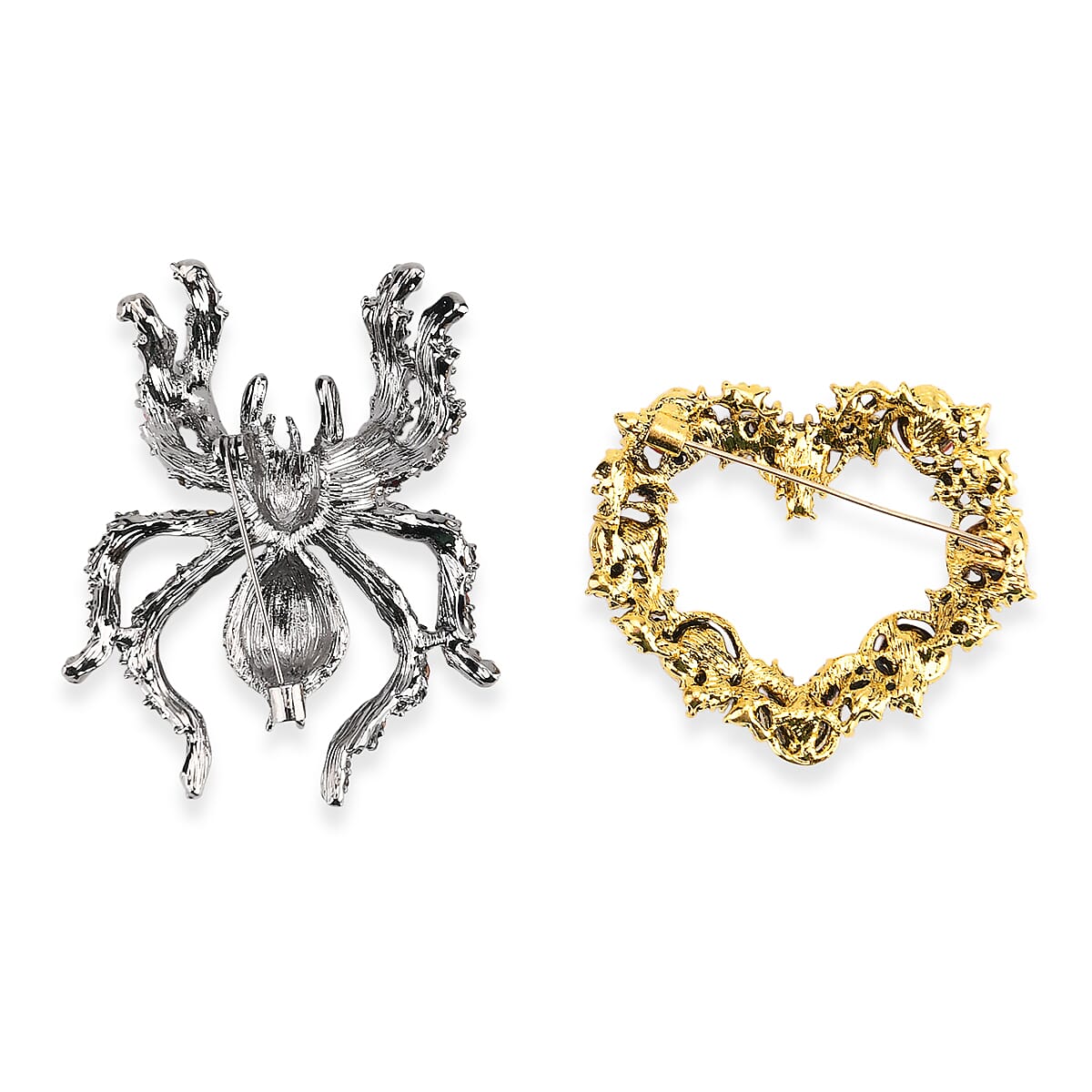 Set of 2 Austrian Crystal Spider &amp; Heart Wreath Brooches in Yellow Gold Tone - Red 8228512 4