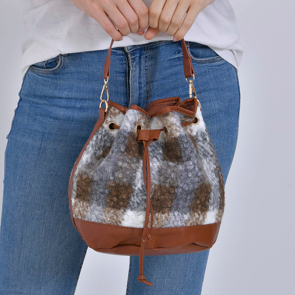 Crossbody Checkered Bucket Bag (Size 22x18x25 cm) - Brown & Beige