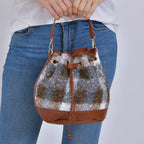 Crossbody Checkered Bucket Bag (Size 22x18x25 cm) - Brown & Beige