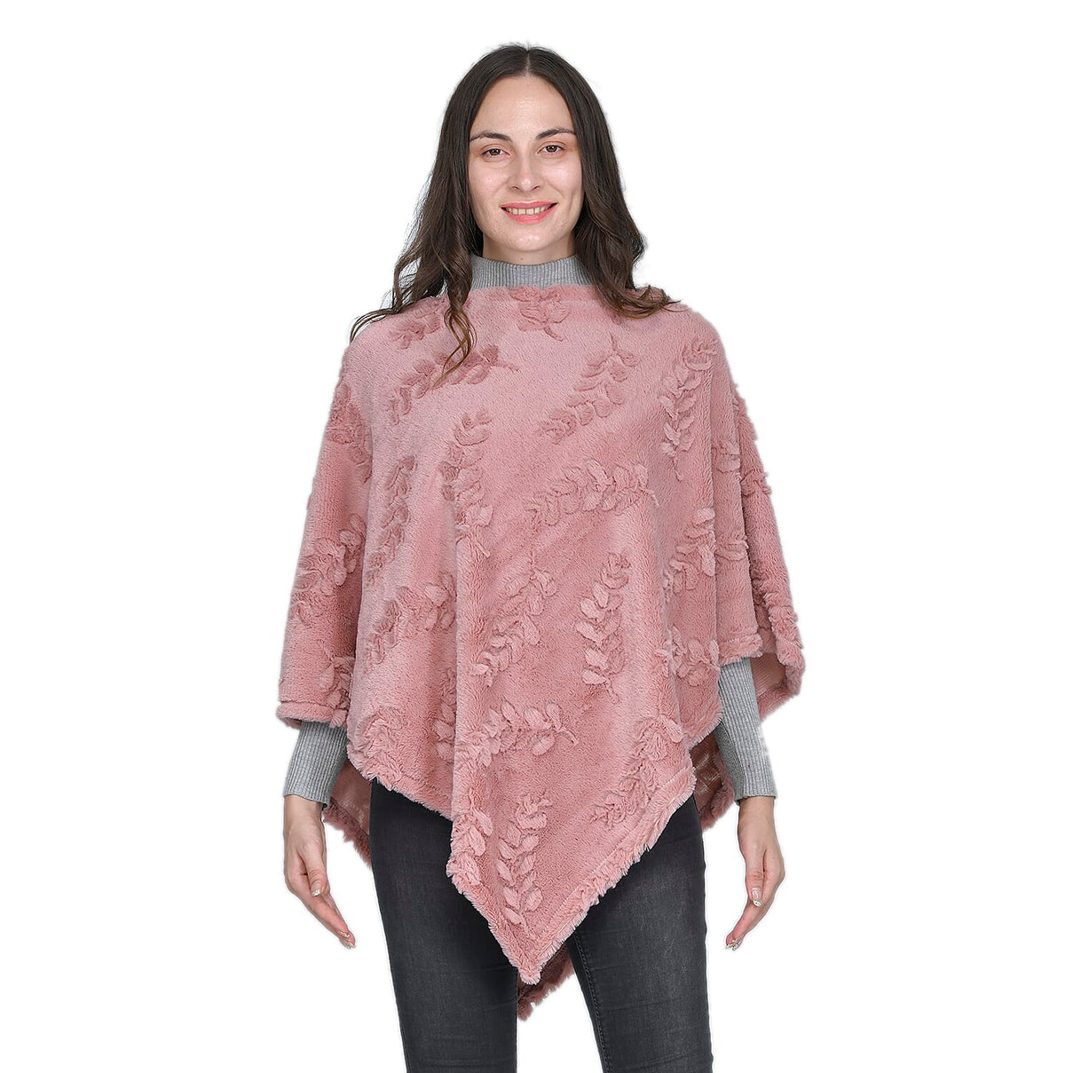 Faux Fur Leaves Pattern Poncho - Blush Pink 7593106 0