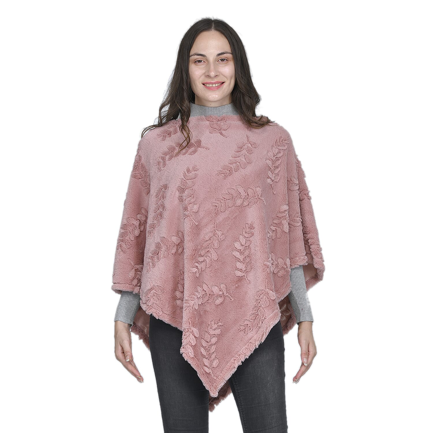 Faux Fur Leaves Pattern Poncho - Blush Pink 7593106 0