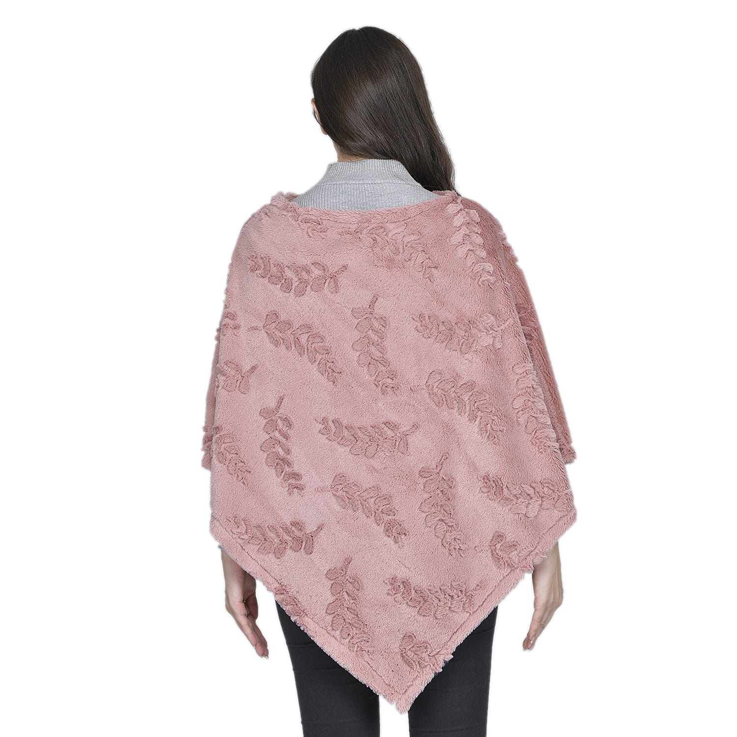 Faux Fur Leaves Pattern Poncho - Blush Pink 7593106 1