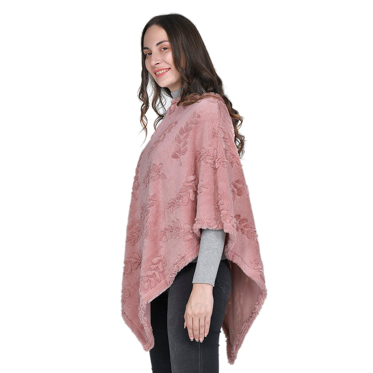Faux Fur Leaves Pattern Poncho - Blush Pink 7593106 2