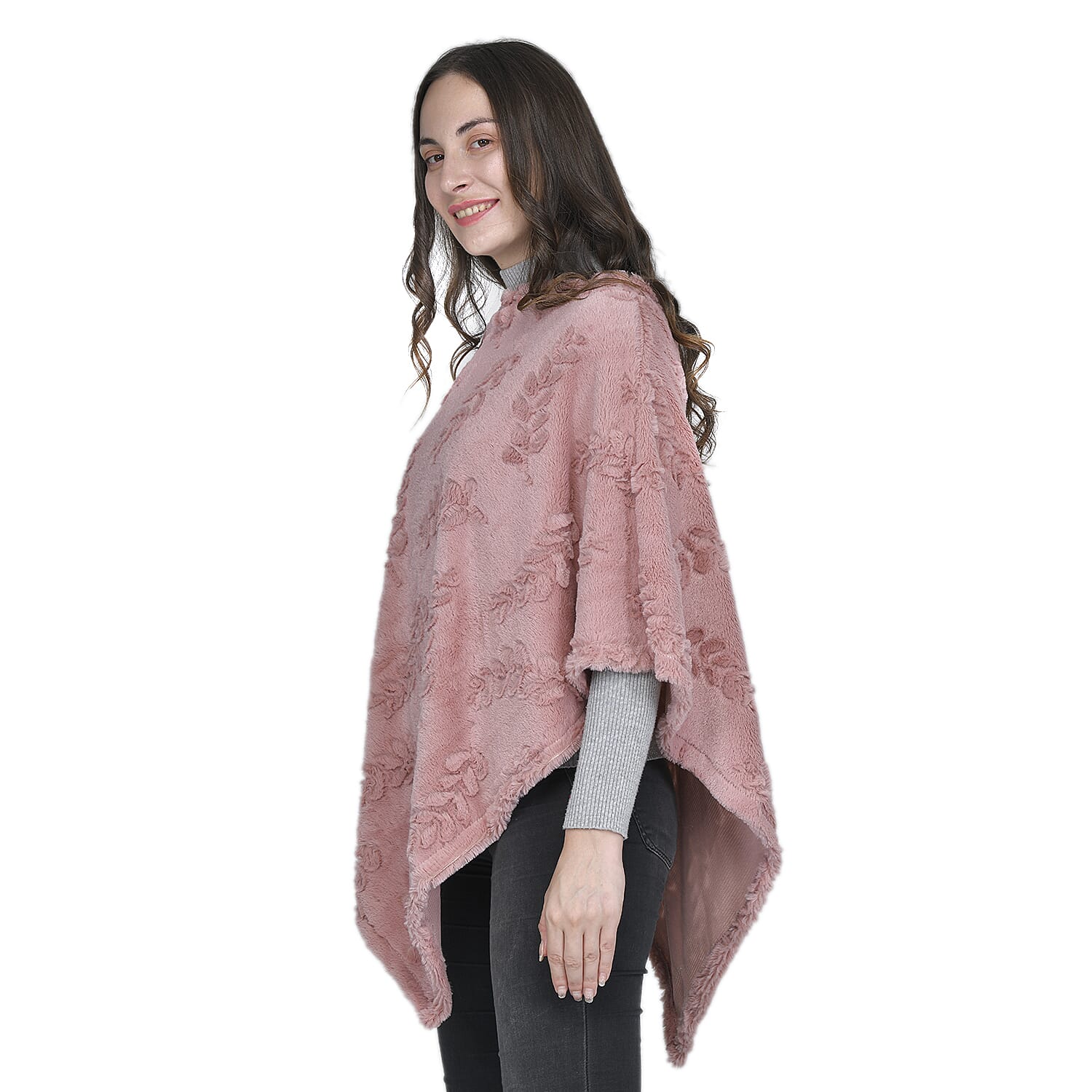 Faux Fur Leaves Pattern Poncho - Blush Pink 7593106 2