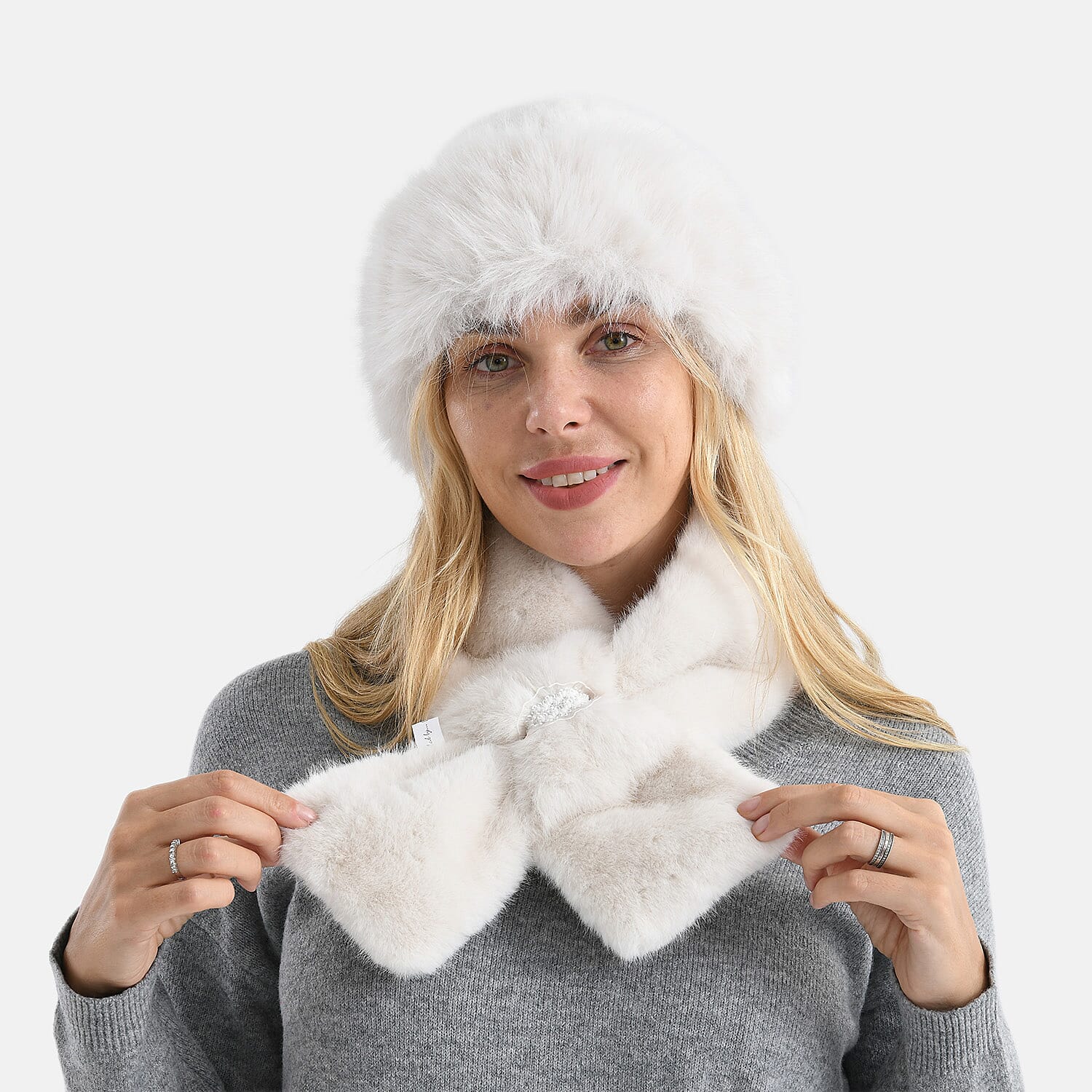 Faux Fur Scarf - Hat Two-Piece Set (One Size) - White 8247464 3