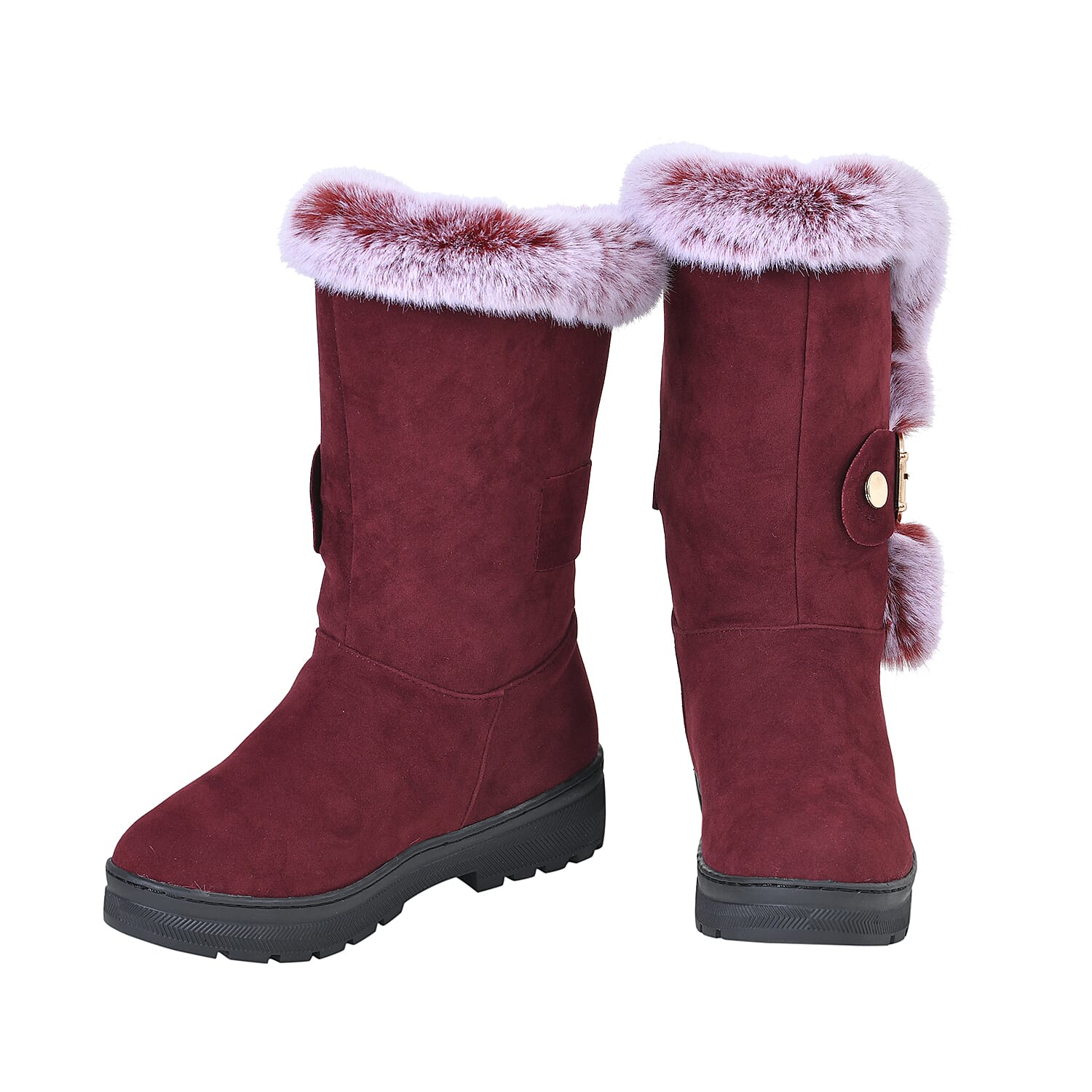 Faux Fur Winter Boots with Buckle - Burgundy 7585377 2