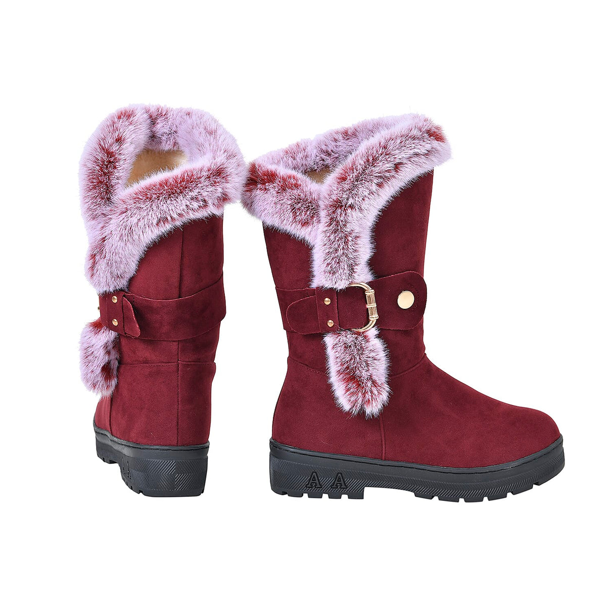 Faux Fur Winter Boots with Buckle - Burgundy 7585377 3