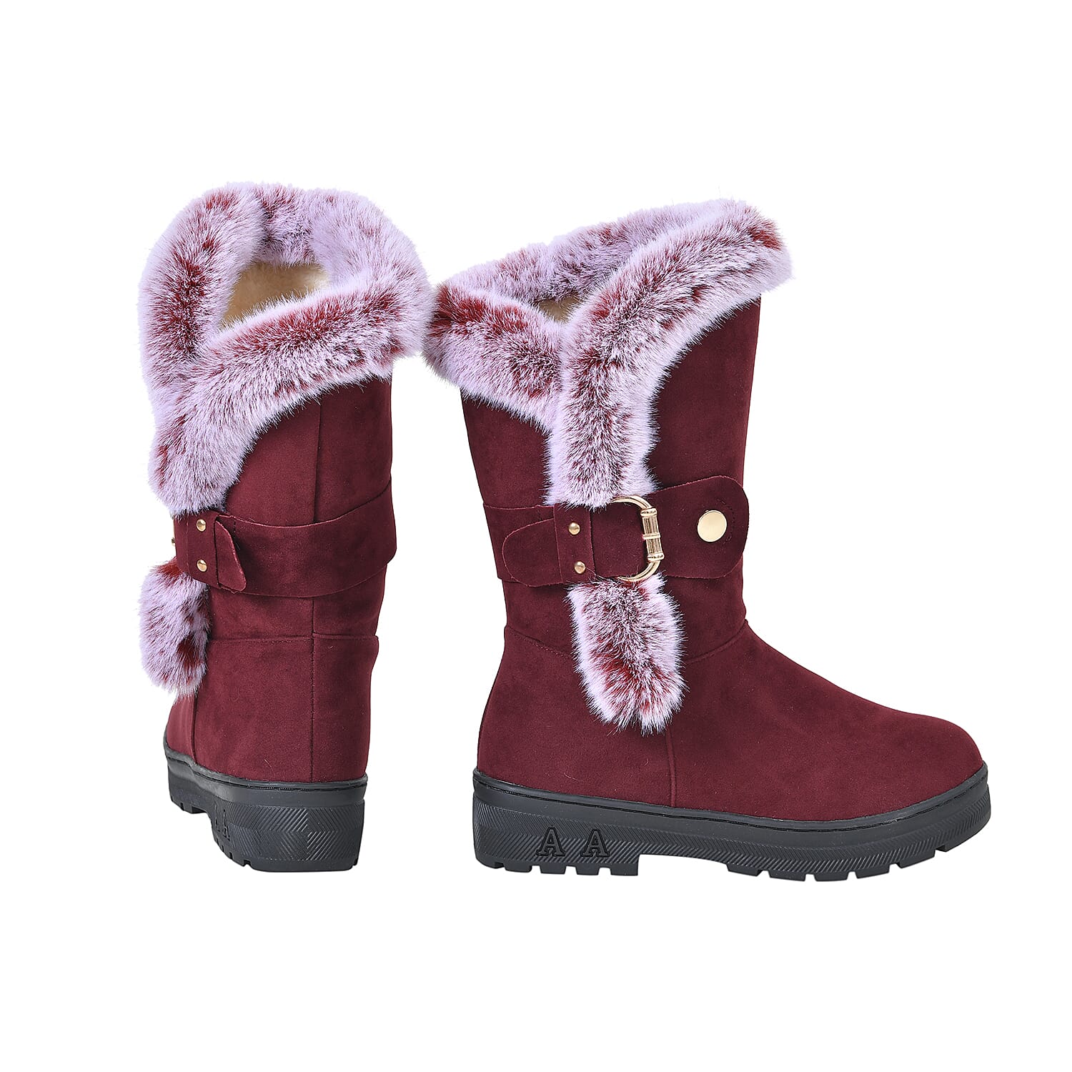 Faux Fur Winter Boots with Buckle - Burgundy 7585377 3