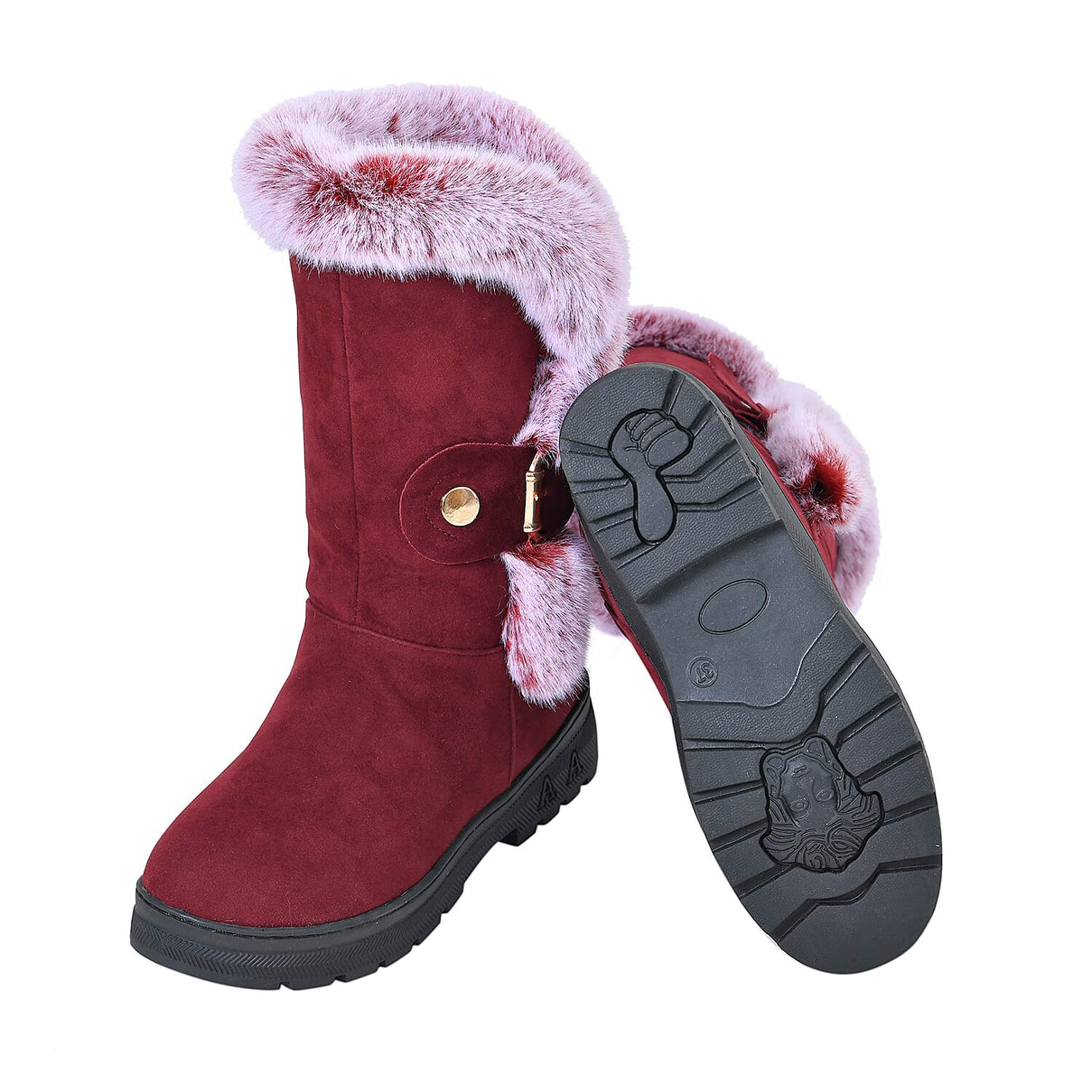 Faux Fur Winter Boots with Buckle - Burgundy 7585377 4