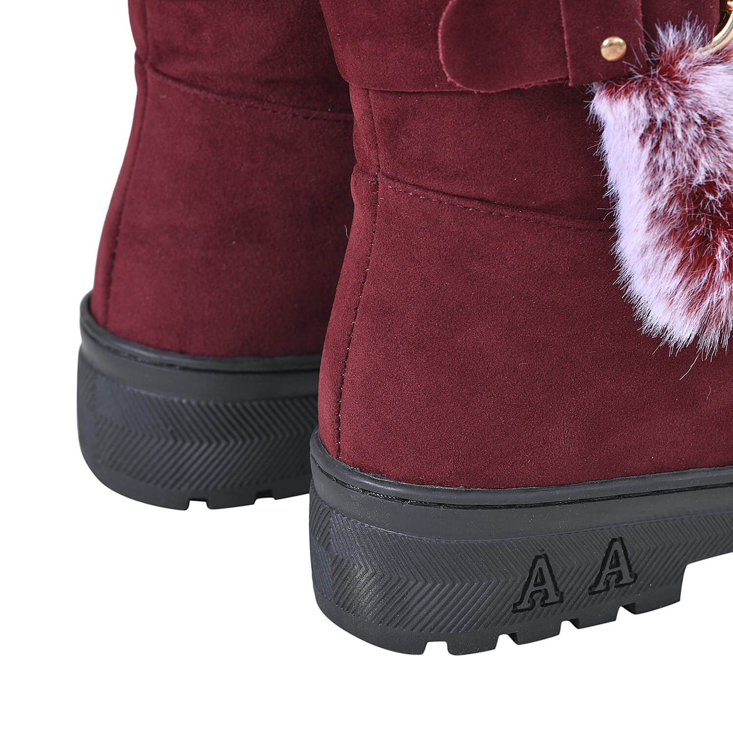 Faux Fur Winter Boots with Buckle - Burgundy 7585377 7