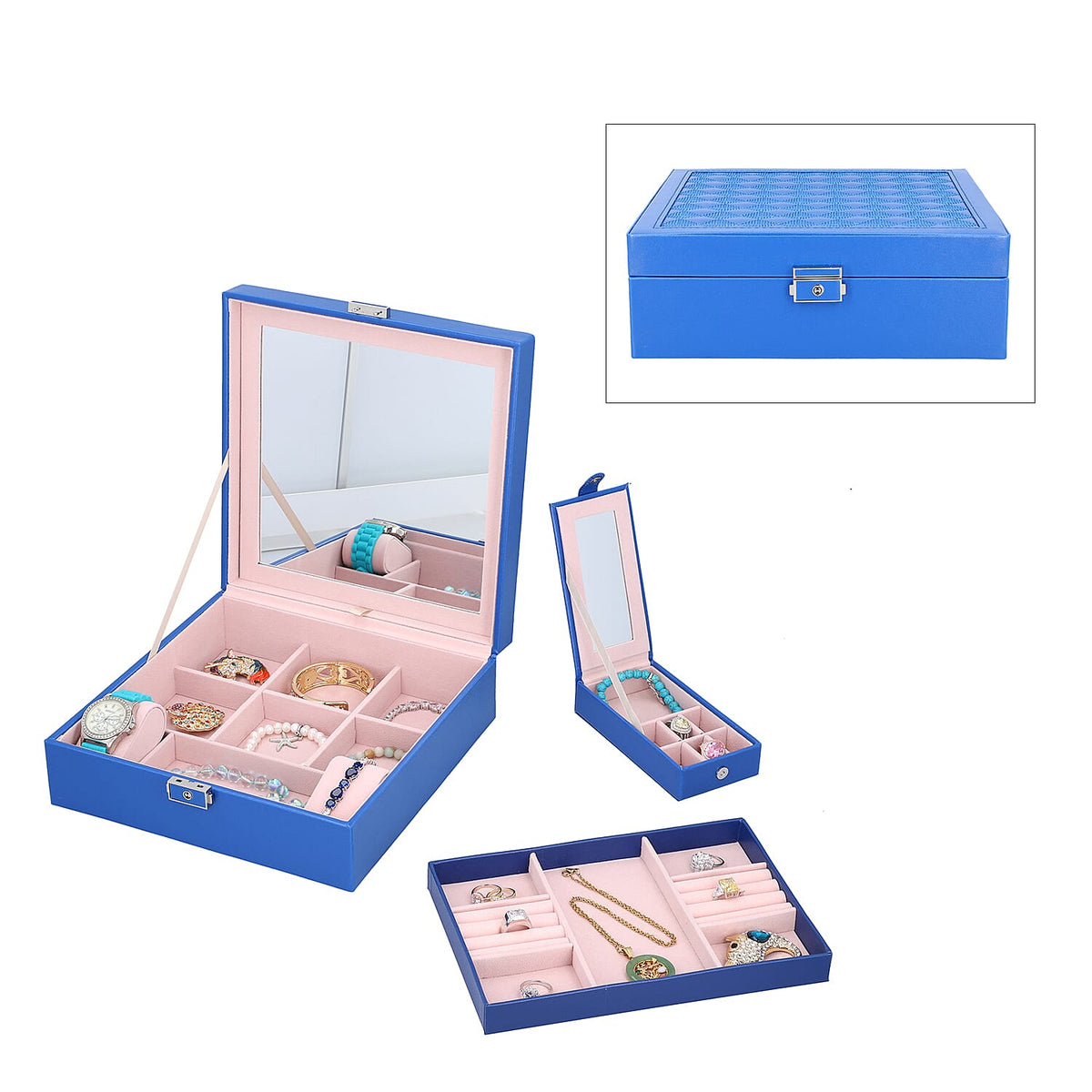 Faux Leather 2 Layer Jewellery Box with Stitching Surface and Sturdy Lock with Key Jewellery Storage Organiser for Necklace, Earrings, Watches Bracelets, Rings, Watches and Accessories for Women's and Girls - Blue 6070762 0
