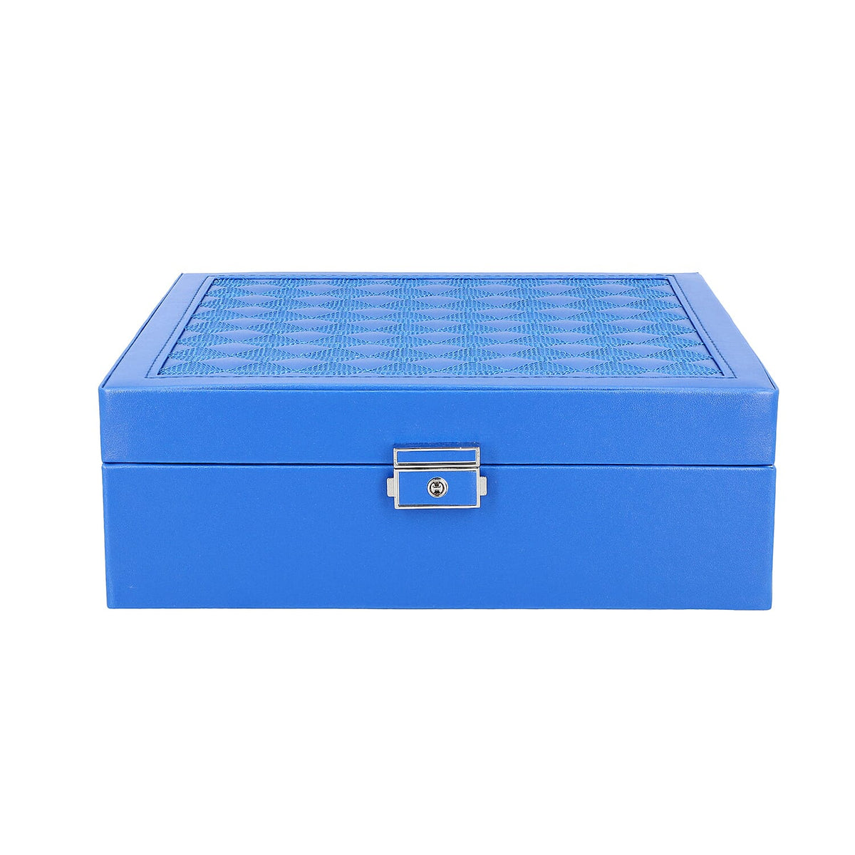 Faux Leather 2 Layer Jewellery Box with Stitching Surface and Sturdy Lock with Key Jewellery Storage Organiser for Necklace, Earrings, Watches Bracelets, Rings, Watches and Accessories for Women's and Girls - Blue 6070762 1