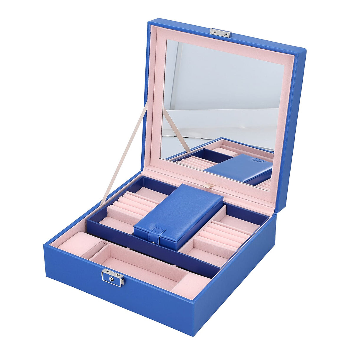 Faux Leather 2 Layer Jewellery Box with Stitching Surface and Sturdy Lock with Key Jewellery Storage Organiser for Necklace, Earrings, Watches Bracelets, Rings, Watches and Accessories for Women's and Girls - Blue 6070762 5