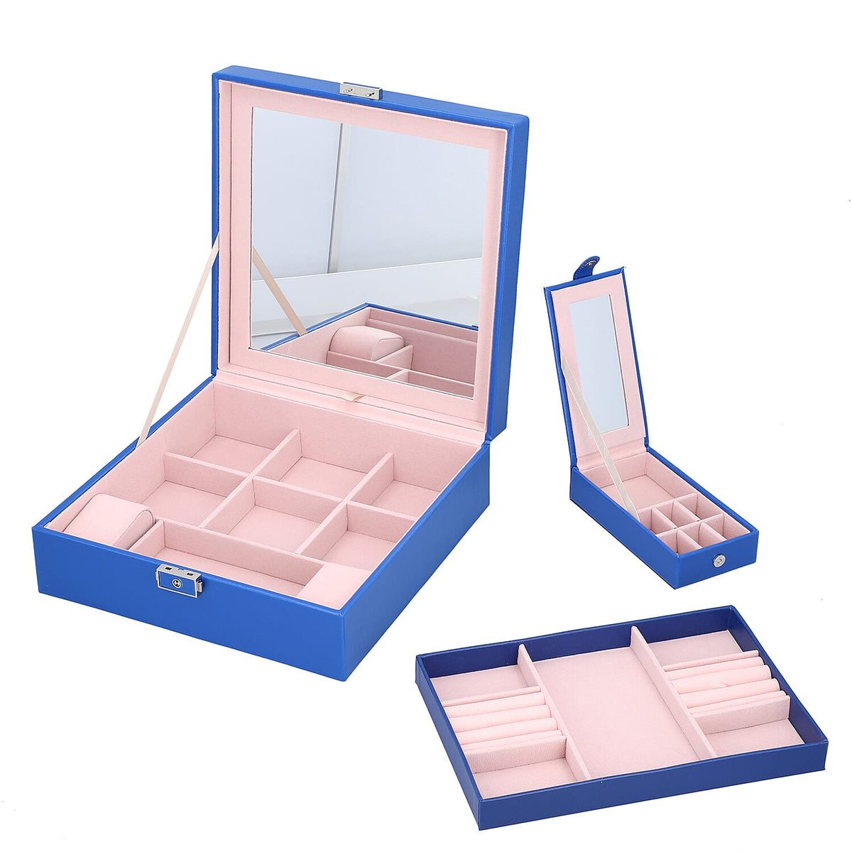 Faux Leather 2 Layer Jewellery Box with Stitching Surface and Sturdy Lock with Key Jewellery Storage Organiser for Necklace, Earrings, Watches Bracelets, Rings, Watches and Accessories for Women's and Girls - Blue 6070762 6